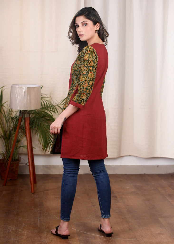Exclusive maroon cotton tunic with green Ajrakh combination