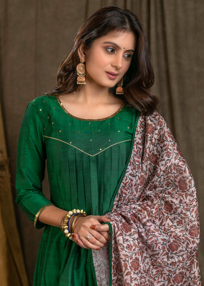 Classy Green Cotton Silk Pleated Kurta .