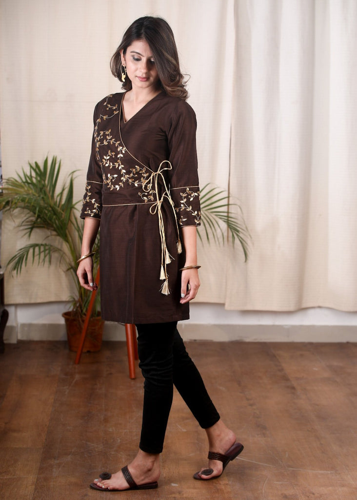 Exclusive brown cotton silk tunic with hand embroidery