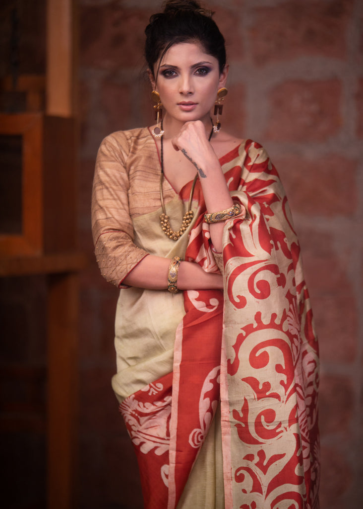Beige pure silk hand batik abstract design saree