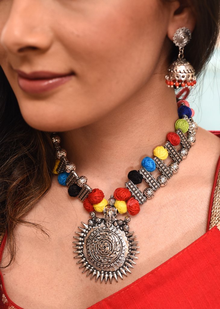 Exclusive multicolored woolen beads and german silver combination necklace set - Sujatra