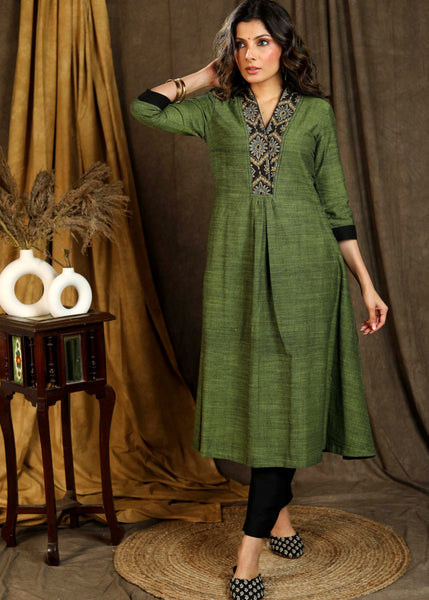 A-Line Sap Green Pure Cotton Kurta with Ajrakh Yoke & Designer Sleeves ...