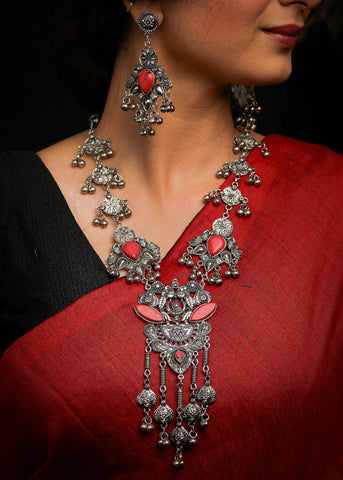 Silver Oxidised  Necklace wih gem stone work & matching Jhumkas