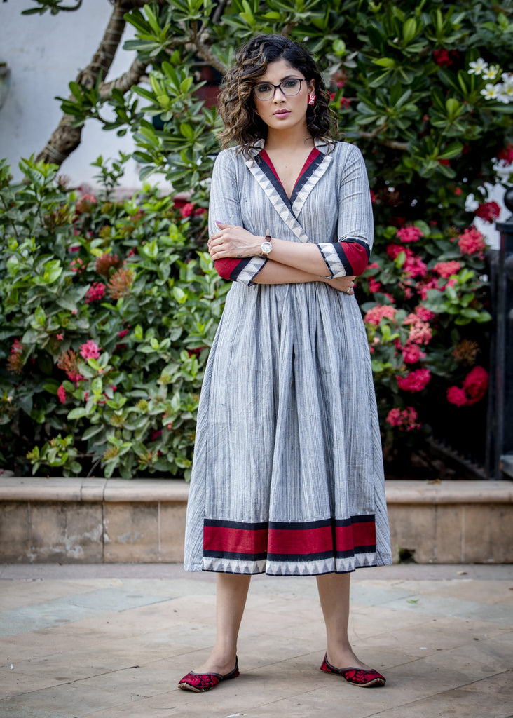 Textured handloom cotton one piece dress with Ikat combination
