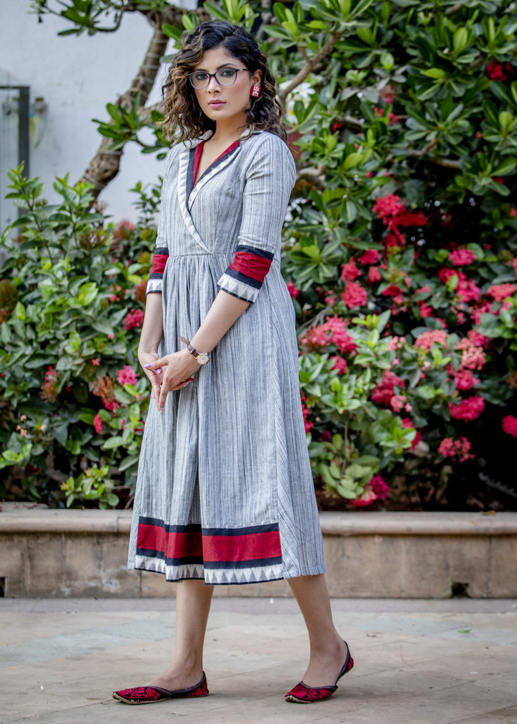 Textured handloom cotton one piece dress with Ikat combination