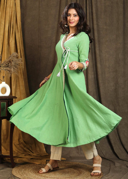 Exclusive Pista Green Cross Over Style Cotton Kurta with Beautiful Full Length Embroidery and On Neck and Sleeves - Pant Optional