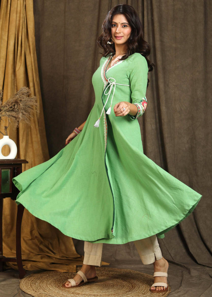 Exclusive Pista Green Cross Over Style Cotton Kurta with Beautiful Full Length Embroidery and On Neck and Sleeves - Pant Optional