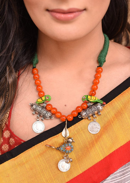 Orange glass beaded necklace with coin & parrot tassels - Sujatra