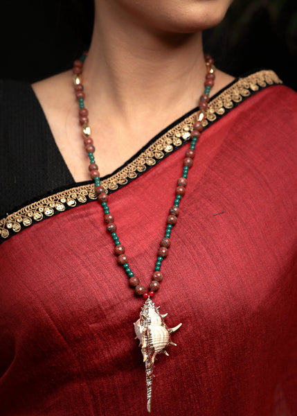 Wooden beads long necklace with unique shankh pendant