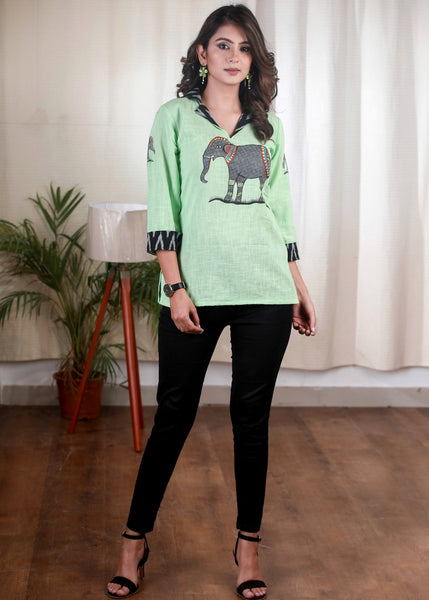 Delicate Elephant Gond Painting Cotton Top