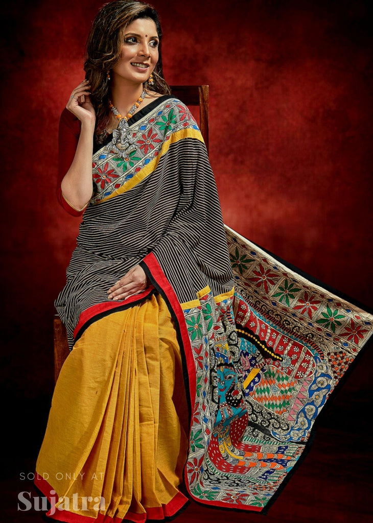 Exclusive handloom saree with Ajrakh stripes & hand painted madhubani combination