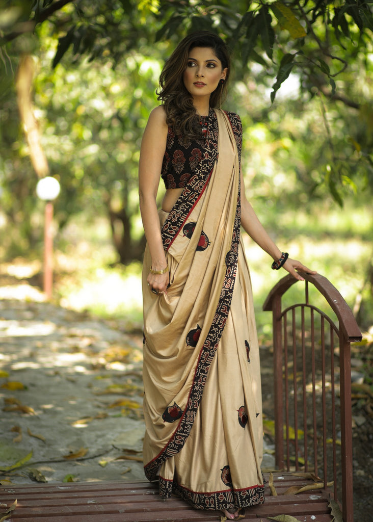 Exclusive semi silk saree with applic work with Ajrakh design
