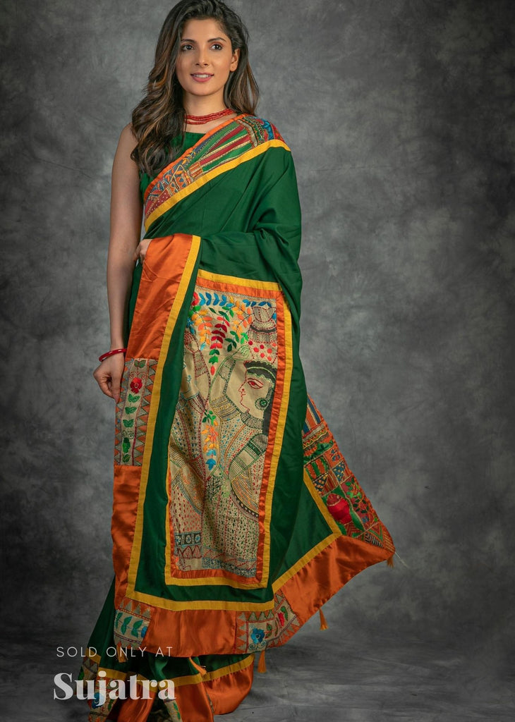 Green crepe satin saree with hand embroidered kutch work combination