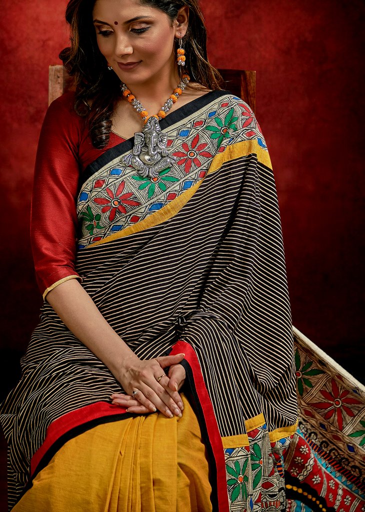 Exclusive handloom saree with Ajrakh stripes & hand painted madhubani combination