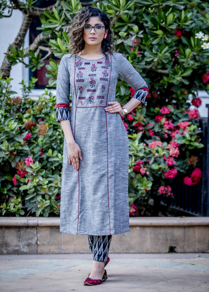 Grey handloom cotton kurta with exclusive embroidered motifs