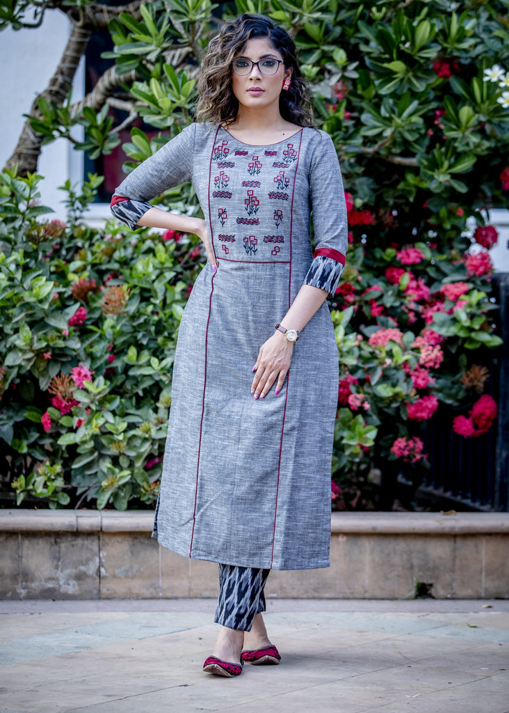 Grey handloom cotton kurta with exclusive embroidered motifs