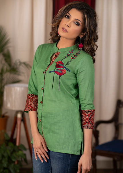 Unique applic work green top with Ajrakh combination sleeves and buttons