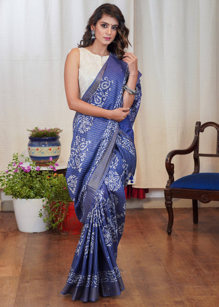 Blue batik print cotton saree