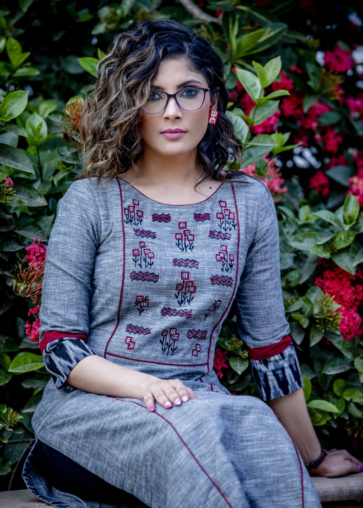 Grey handloom cotton kurta with exclusive embroidered motifs - Pant Optional