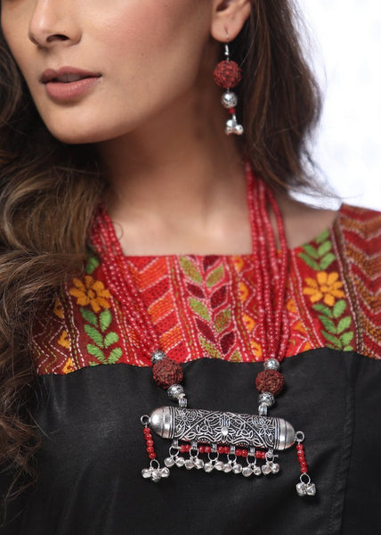 Exclusive german silver pendant with red beads & rudraksh neckpiece with rudraksh earings - Sujatra