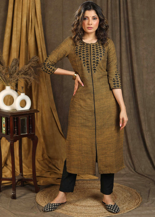 Dark Mustard Pure Cotton Straight Kurta with Embroidered Yoke and Sleeves - Pant Optional