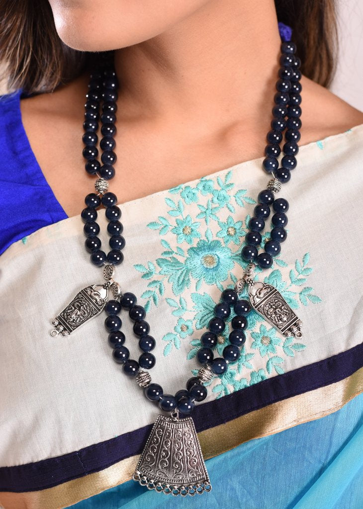 Exclusive glass beaded necklace with german silver pendants - Sujatra
