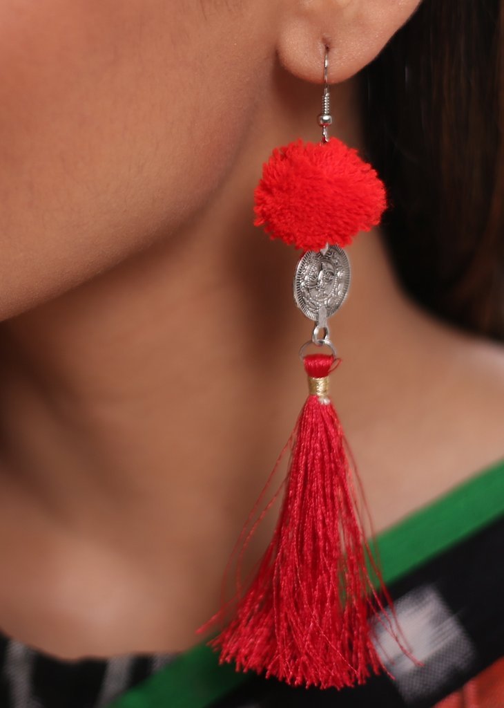 Handmade pompom tessels red earin - Sujatra