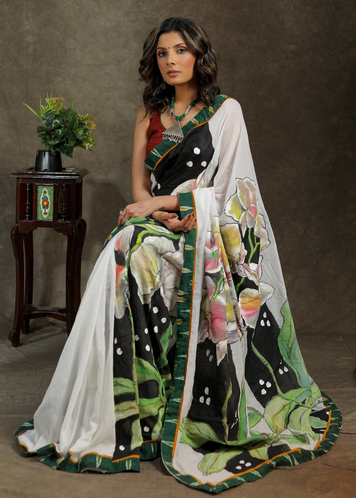 Unique Hand Painted White Cotton Saree With Green Ikkat Border