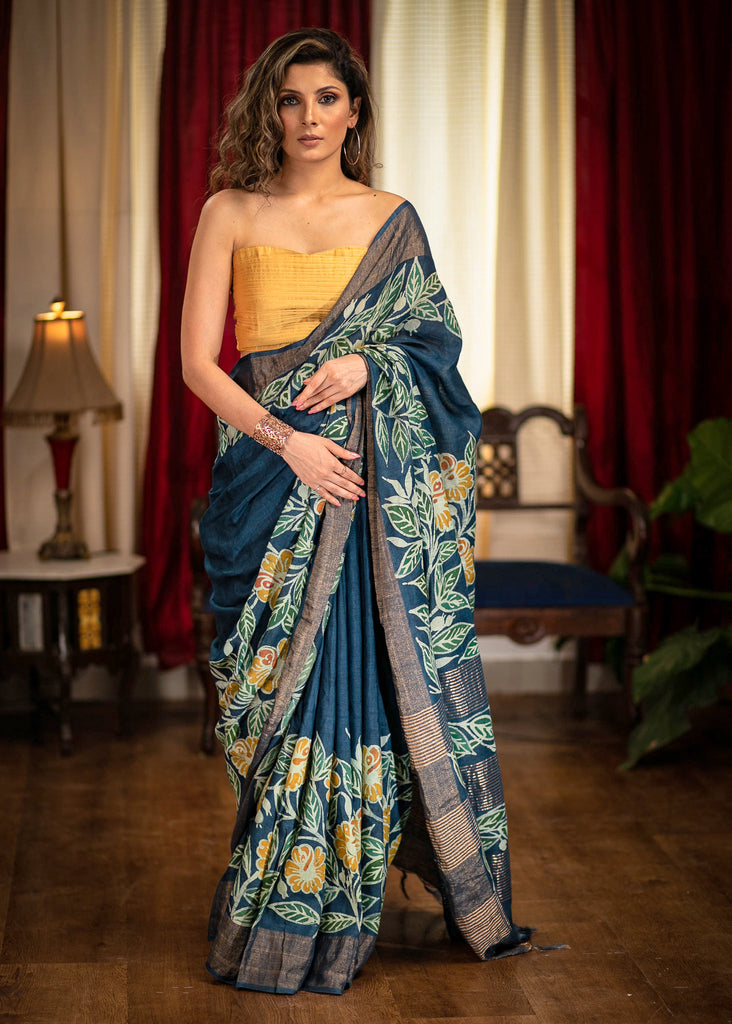 Exclusive blue designer hand batik silk saree