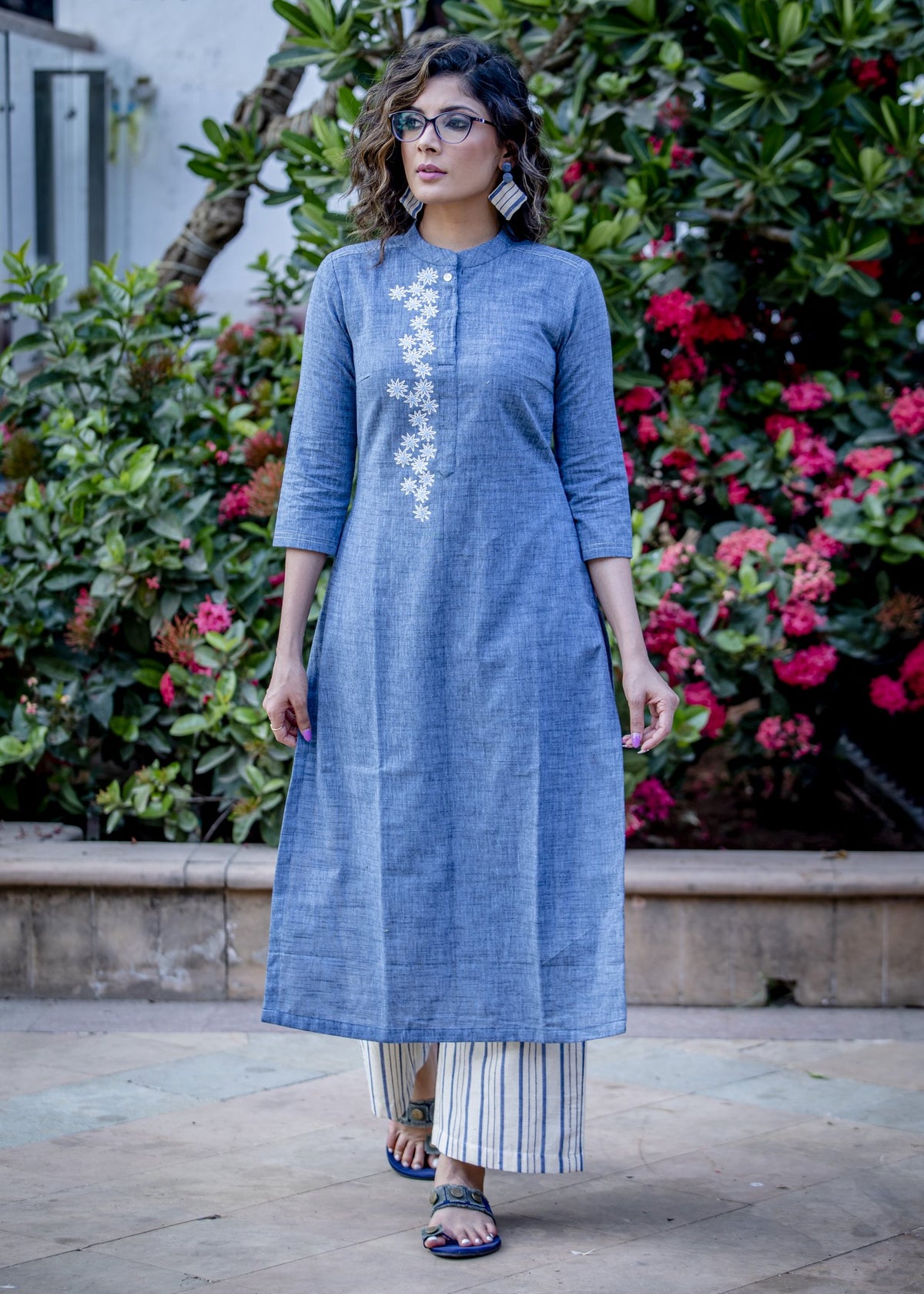 Exclusive blue handloom cotton kurta with floral embroidered pattern - Pant Optional
