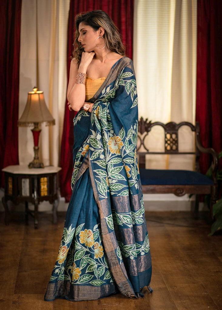 Exclusive blue designer hand batik silk saree