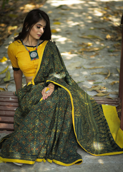 Exclusive block printed Ajrakh saree with natural color