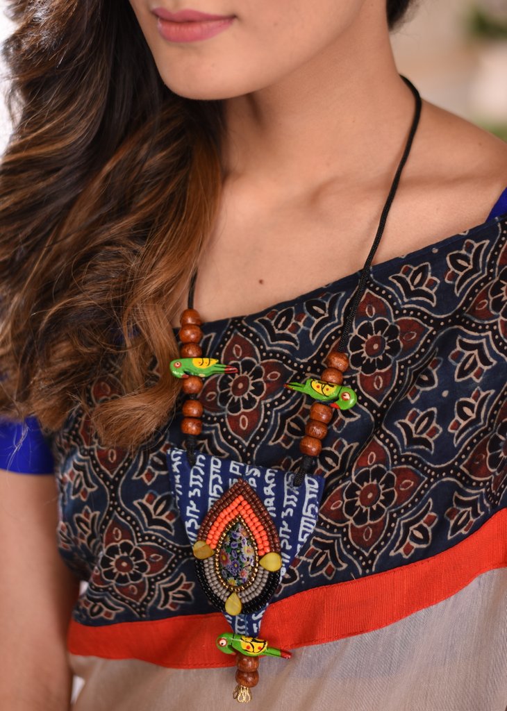 Hand made fabric pendant with wooden beads necklace - Sujatra