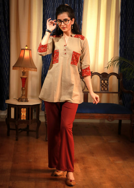 Ajrakh printed patch pocket beige casual top