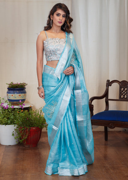 Firozi pure linen cutwork saree with mirror work