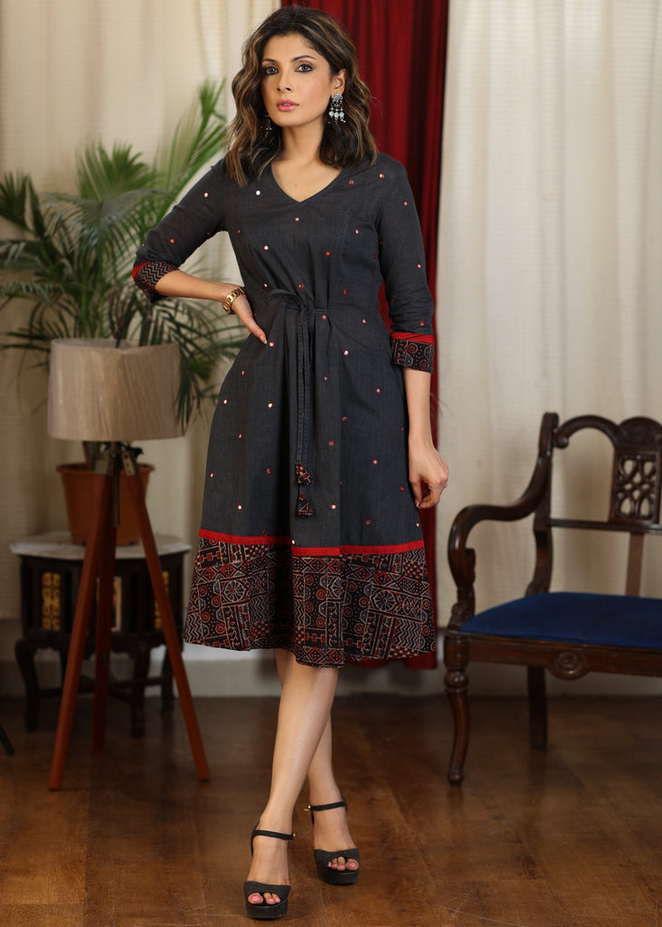 Dark gray A line dress with ajrakh combination and overall mirror embroidery