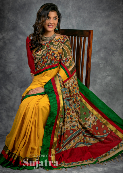 Mustard handloom cotton saree with hand painted kalamkari pallu & khun border
