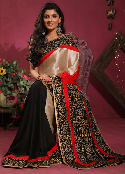 Combination of pure tassar silk and black semi silk saree with warli printed pallu & border - Sujatra