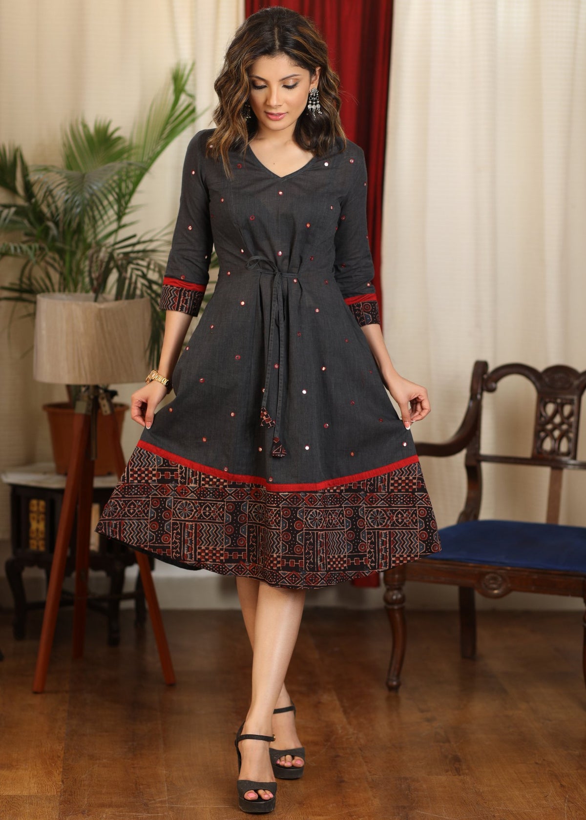 Dark grey A line dress with ajrakh combination and overall mirror embroidery