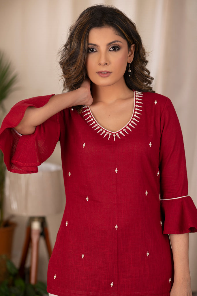 Exclusive Maroon top with intricate moti work