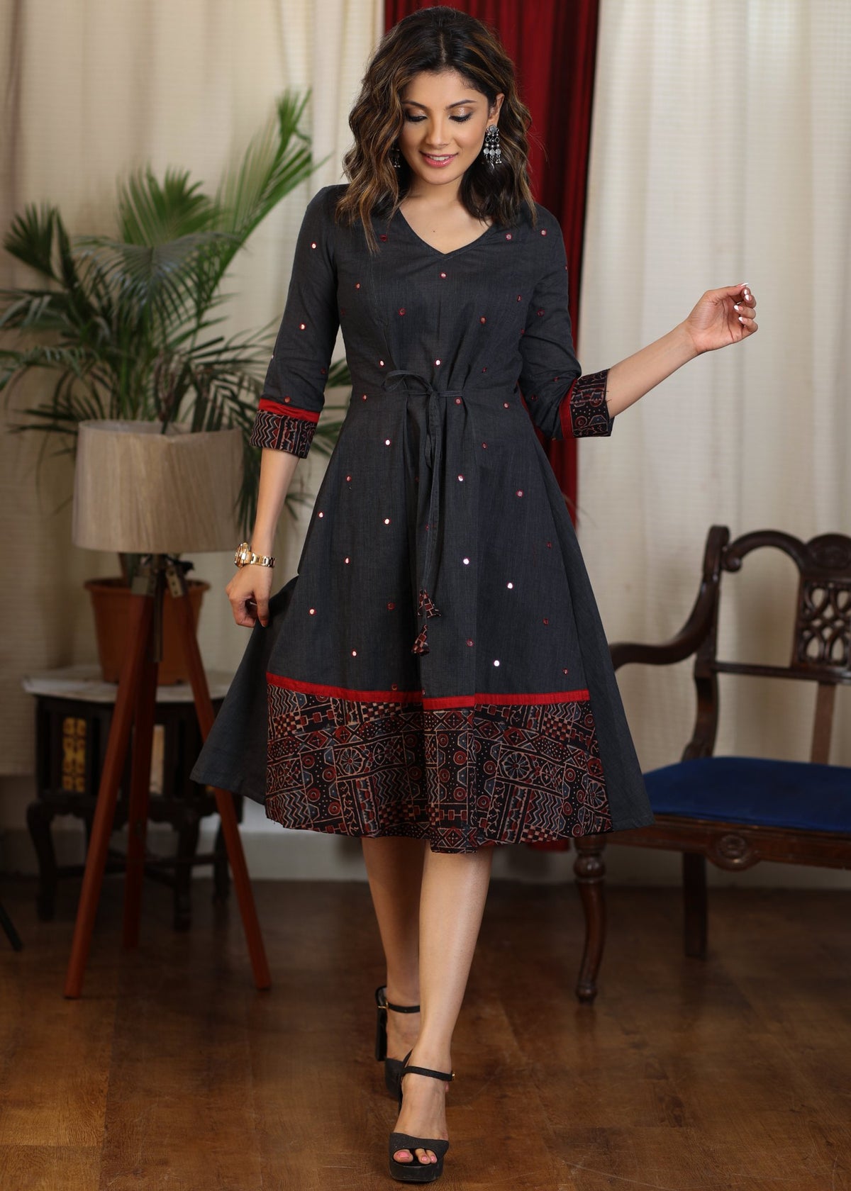 Dark grey A line dress with ajrakh combination and overall mirror embroidery