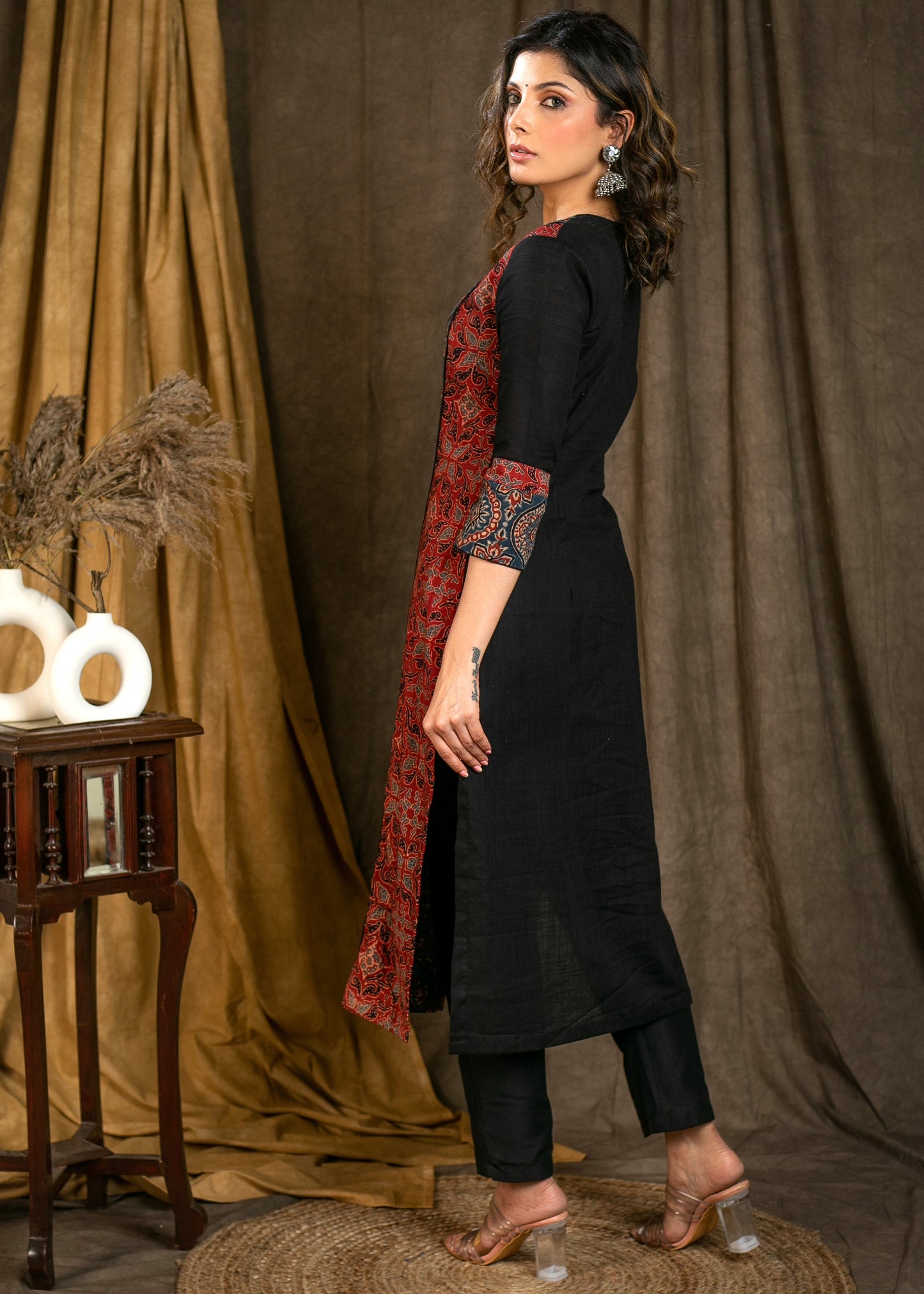 Beautiful Blue Ajrakh Staight Cut kurta with Rust Maroon Panel  - Pant Optional