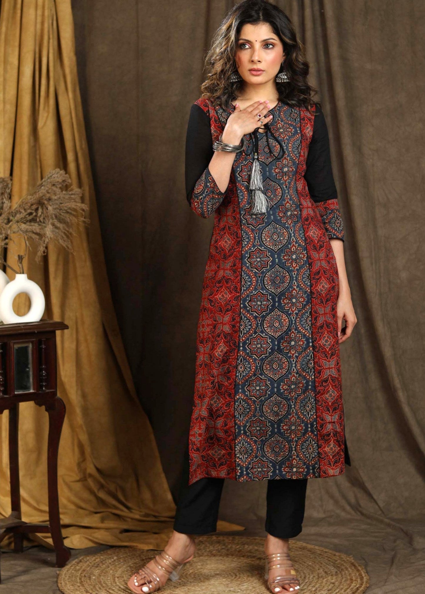 Beautiful Blue Ajrakh Staight Cut kurta with Rust Maroon Panel  - Pant Optional