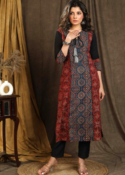 Beautiful Blue Ajrakh Staight Cut kurta with Rust Maroon Panel  - Pant Optional