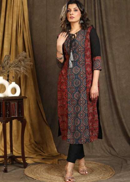 Beautiful Blue Ajrakh Staight Cut kurta with Rust Maroon Panel  - Pant Optional