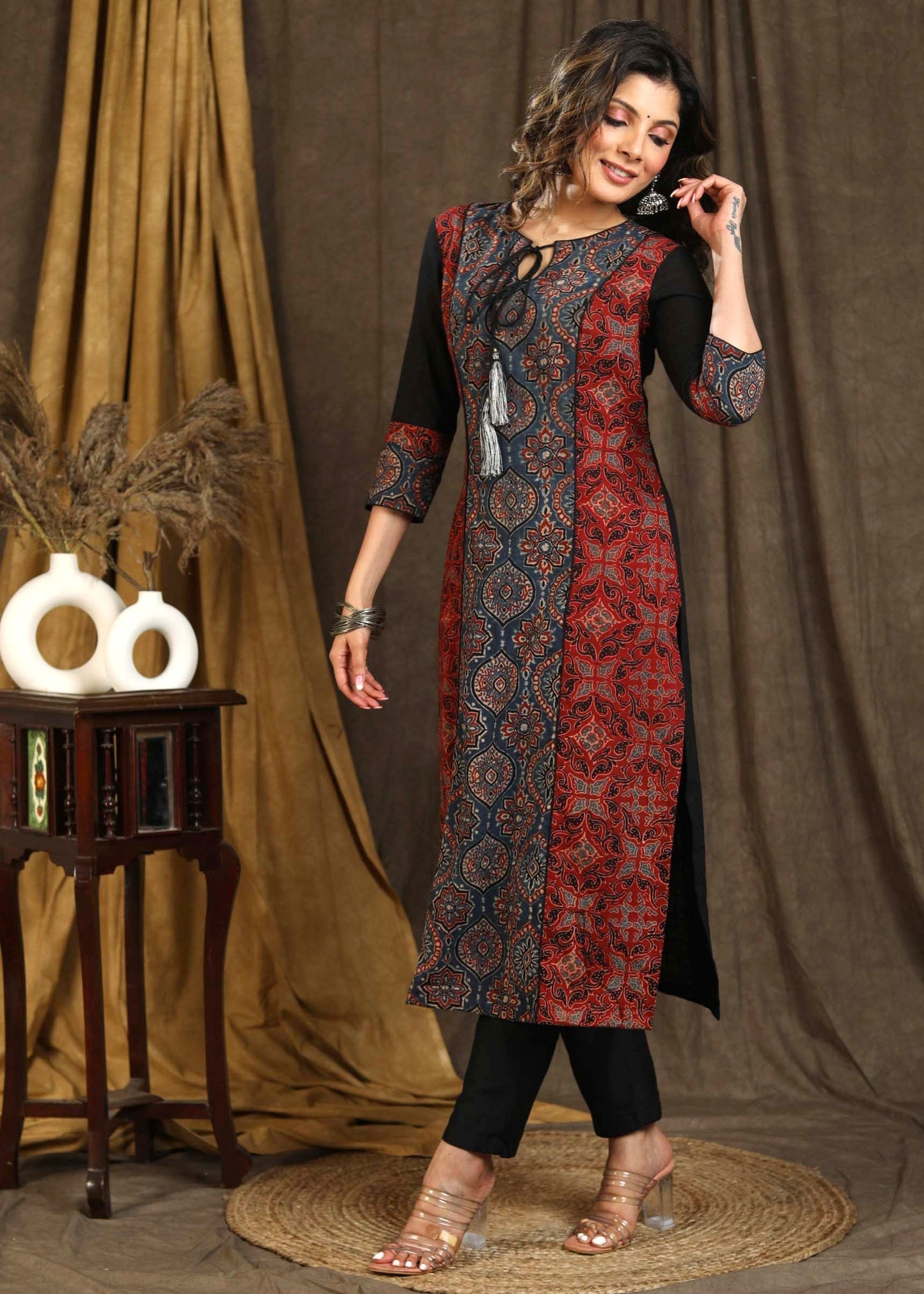 Beautiful Blue Ajrakh Staight Cut kurta with Rust Maroon Panel  - Pant Optional