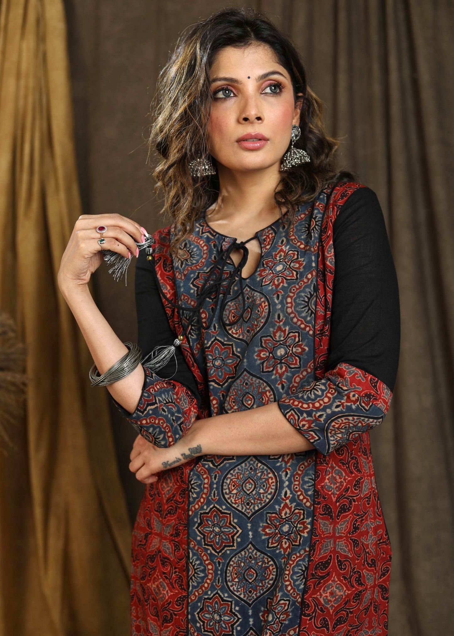 Beautiful Blue Ajrakh Staight Cut kurta with Rust Maroon Panel  - Pant Optional