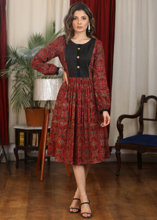 Exclusive maroon ajrakh full sleeve combination dress with black pintucks yoke