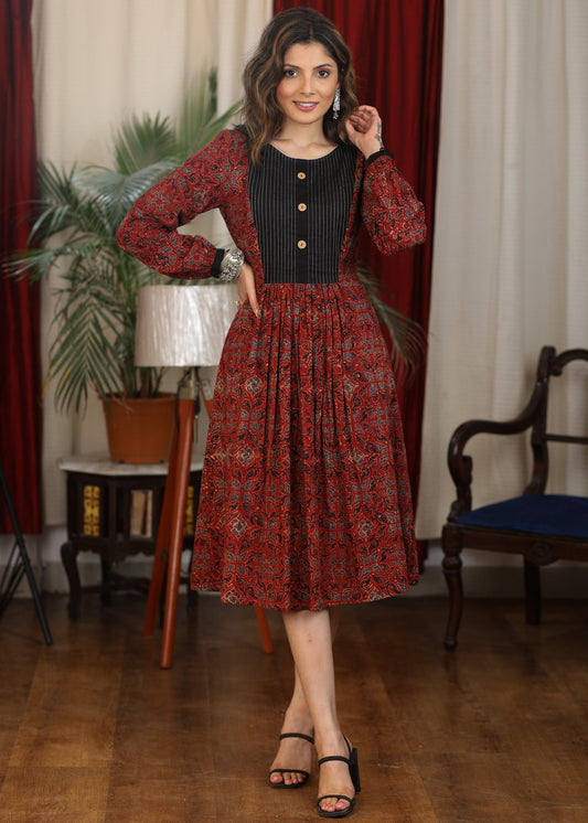 Exclusive maroon ajrakh full sleeve combination dress with black pintucks yoke
