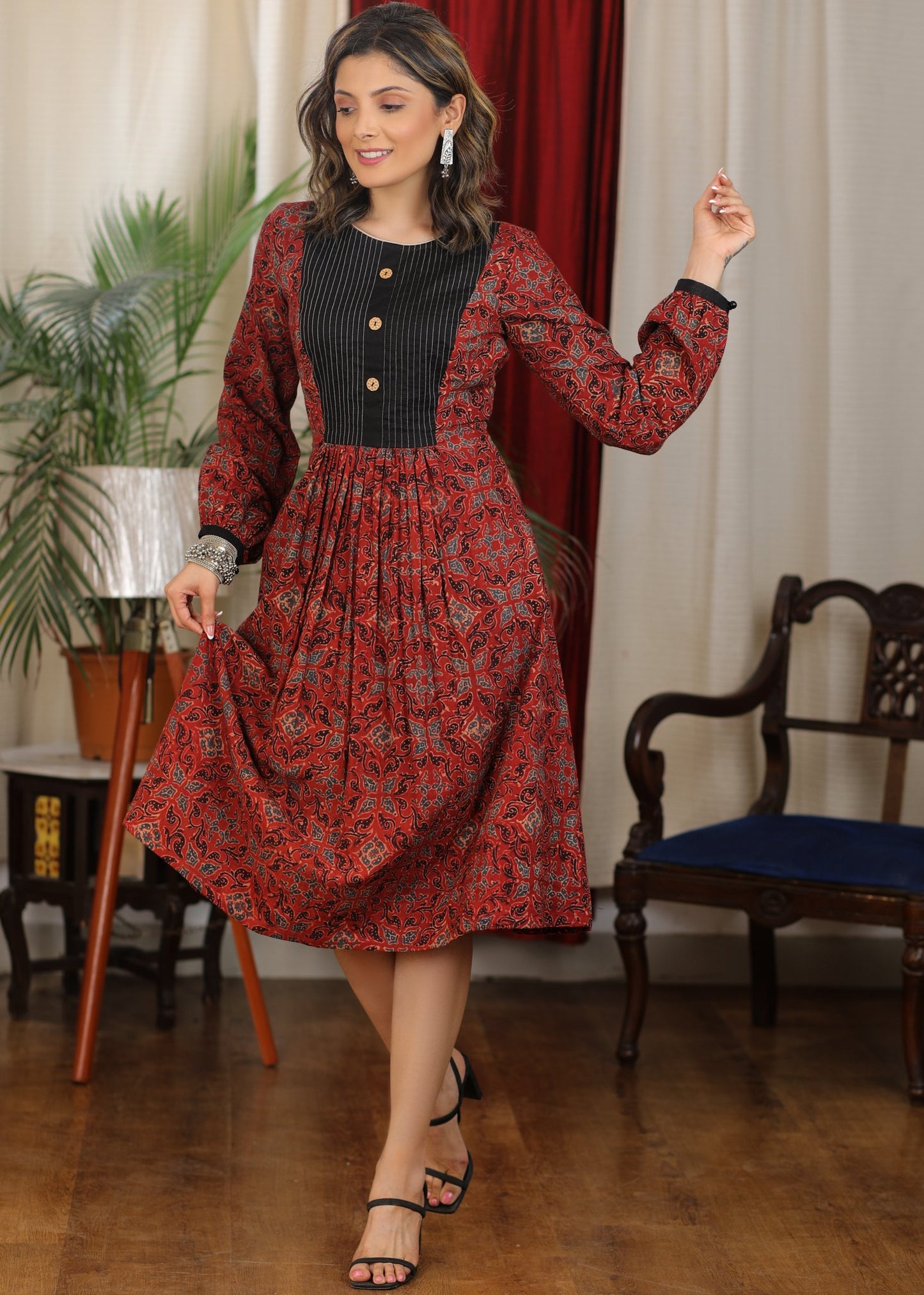 Exclusive maroon ajrakh full sleeve combination dress with black pintucks yoke
